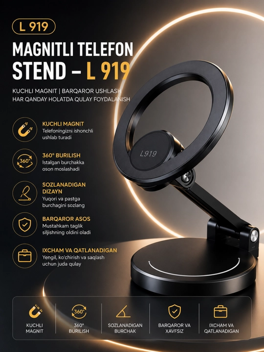 Telefon uchun magnit taglik 360° aylanadigan, sozlanadigan buklanadigan kuchli magnit - 