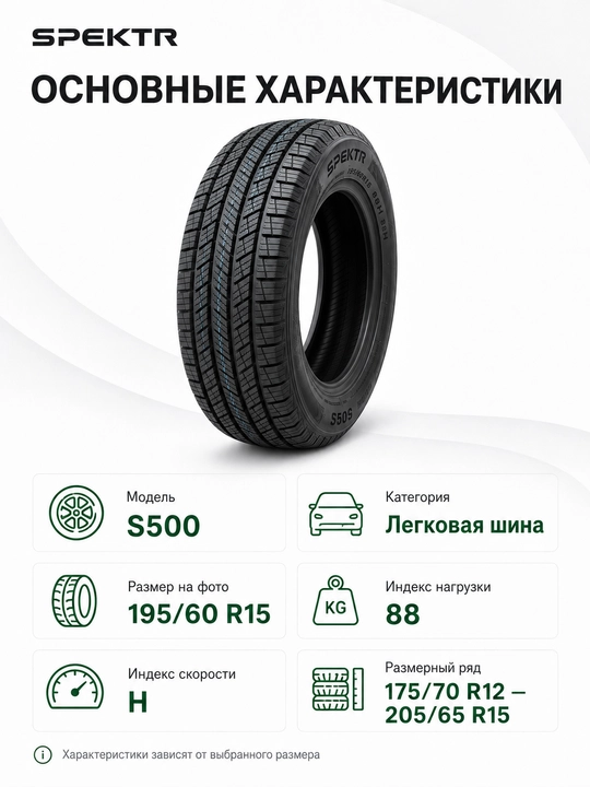 Yengil avtomobillar uchun Spektr S500 195/60 R15 88H avtomobil shinasi, qora
