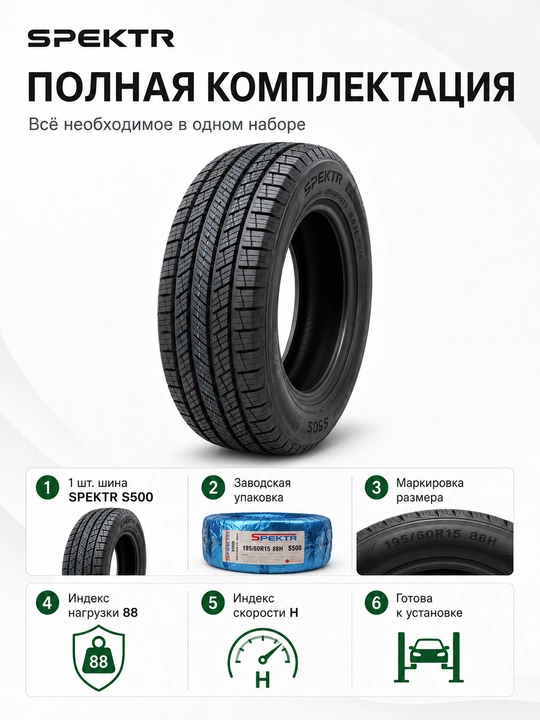 Yengil avtomobillar uchun Spektr S500 195/60 R15 88H avtomobil shinasi, qora