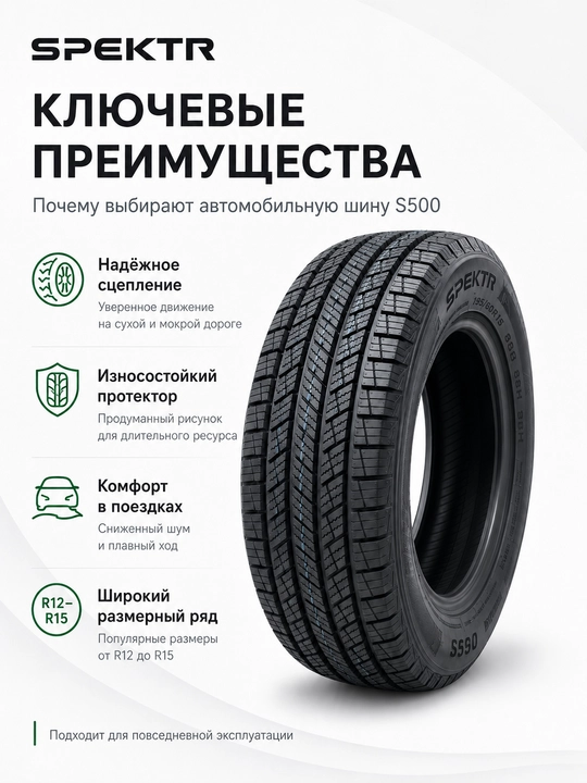 Yengil avtomobillar uchun Spektr S500 195/60 R15 88H avtomobil shinasi, qora