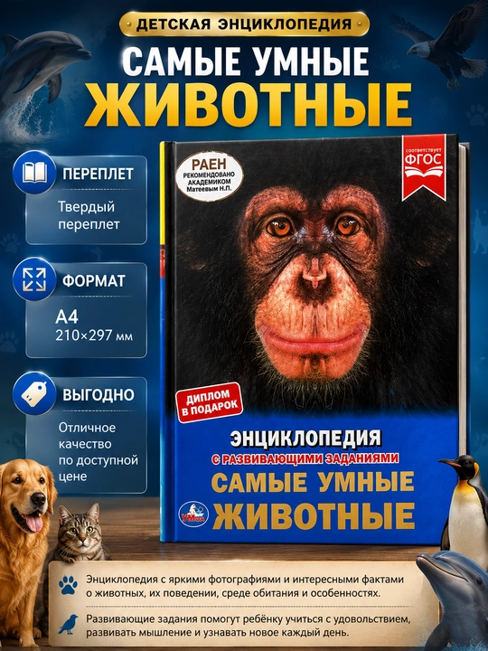 Энциклопедия Самые умные животные, с развивающими заданиями, твердый переплет, формат А4 - 
