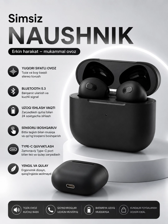 HD audio, sensorli boshqaruv va mikrofonga ega 5.3 simsiz Bluetooth quloqchinlar - 