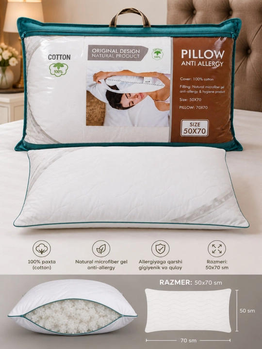 Croy paxta g‘ilofli yostiqlar to‘plami, 50×70 sm, 2 dona, turli xil variantlarda