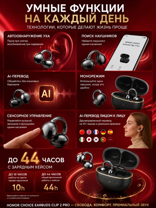 Беспроводные наушники HONOR CHOICE Earbuds Clip 2 Pro, Bluetooth 5.4, открытые, клипса