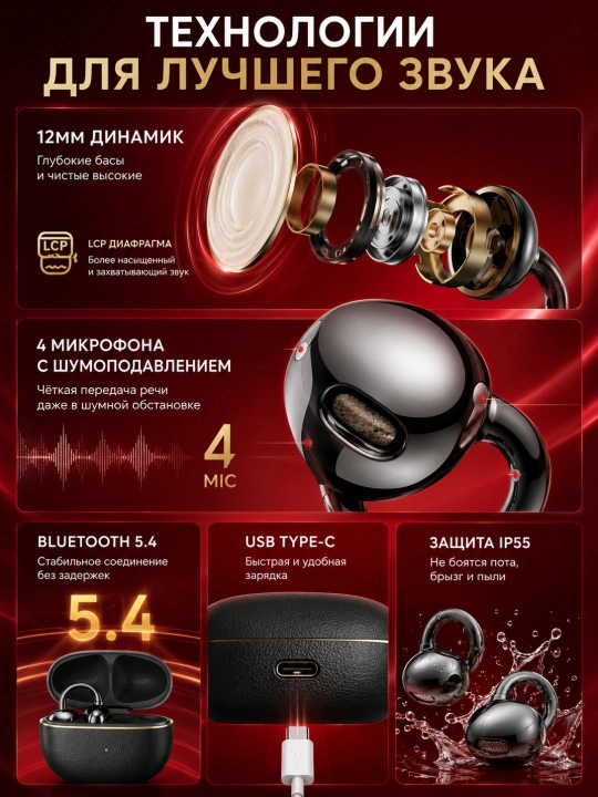 Беспроводные наушники HONOR CHOICE Earbuds Clip 2 Pro, Bluetooth 5.4, открытые, клипса