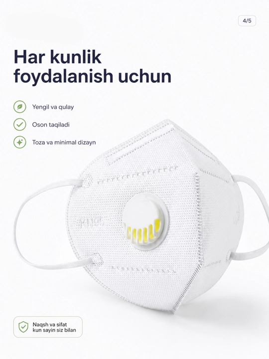 Qulay nafas olish uchun respirator shaklidagi klapanli himoya niqobi, 10 dona