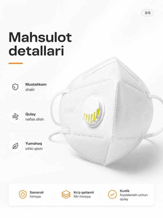 Qulay nafas olish uchun respirator shaklidagi klapanli himoya niqobi, 10 dona