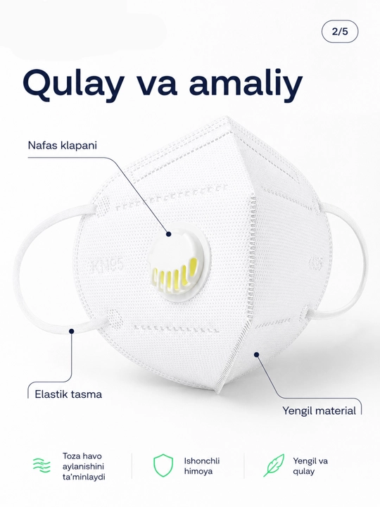 Qulay nafas olish uchun respirator shaklidagi klapanli himoya niqobi, 10 dona
