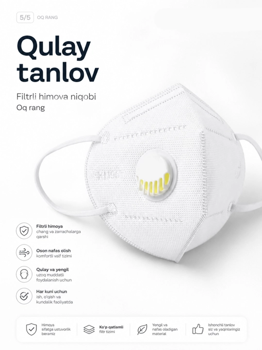Qulay nafas olish uchun respirator shaklidagi klapanli himoya niqobi, 10 dona