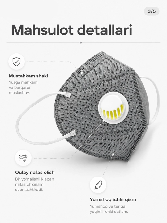 Qulay nafas olish uchun respirator shaklidagi klapanli himoya niqobi, 10 dona