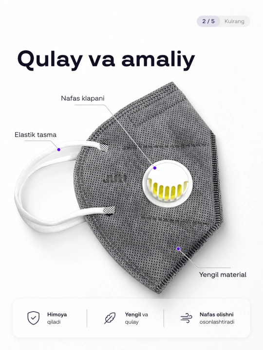 Qulay nafas olish uchun respirator shaklidagi klapanli himoya niqobi, 10 dona
