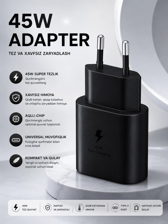 45 Vt quvvatli tarmoq adapteri | USB-C | tez quvvatlash | Smart chip | Universal - 