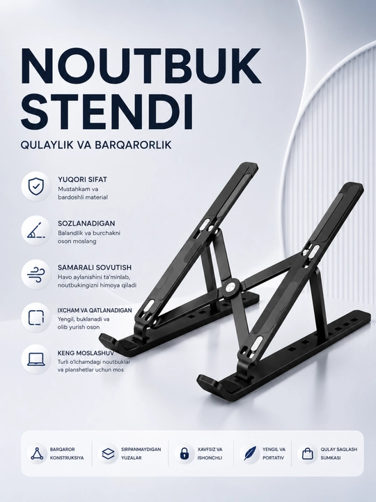 Noutbuk uchun sozlanadigan taglik | Buklanadigan | Alyuminiy | Universal - 