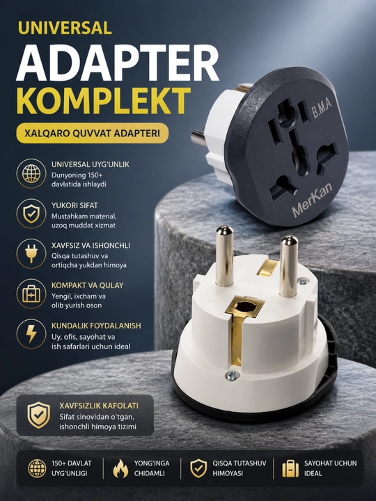 Universal Sayohat Adapteri | Xalqaro Rozetka O‘tkazgich | EU Plug | 150+ Mamlakat uchun - 