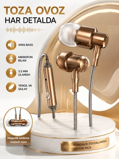 Проводные наушники JS-100 Universal 3.5mm с микрофоном, металлический корпус, мощный бас - 