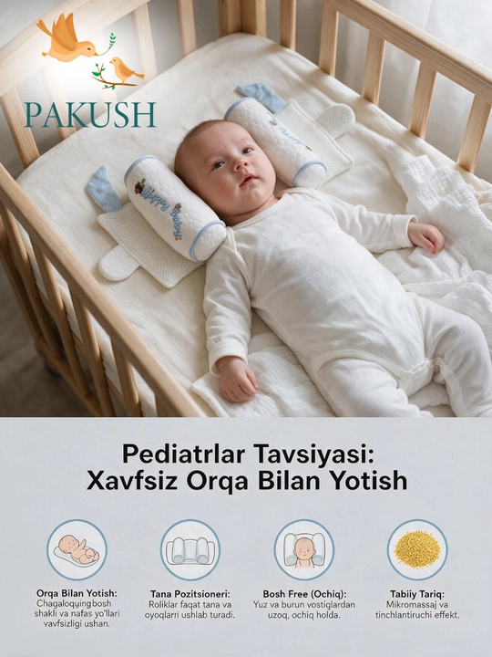 Chaqaloqlar uchun bosh shakllantiruvchi va yonboshlatish yostiqchasi, tabiiy tariqli