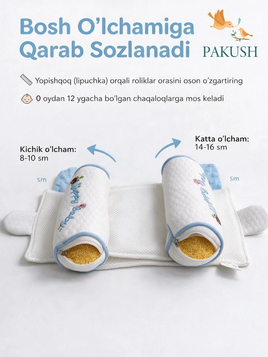 Chaqaloqlar uchun bosh shakllantiruvchi va yonboshlatish yostiqchasi, tabiiy tariqli