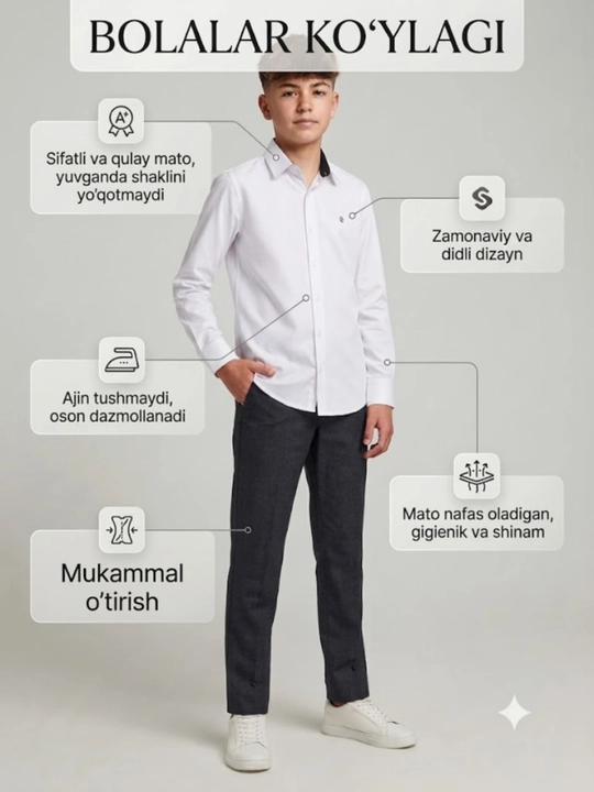 O'g'il bolalar uchun klassik oq ko'ylak, maktab va kundalik kiyim uchun - 