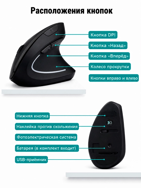 Vertikal simsiz sichqoncha 2.4G USB — ergonomik, 6 tugmali, Plug & Play