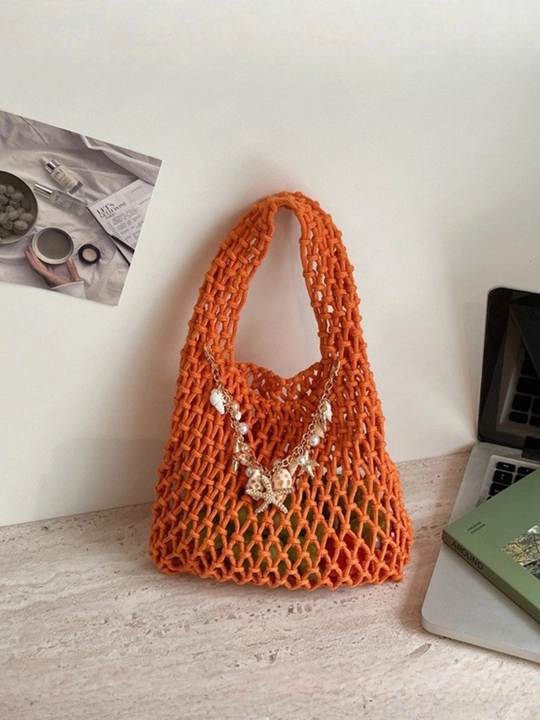 Ayollar to'qima plyaj sumkasi, makrame va setka shopper - 