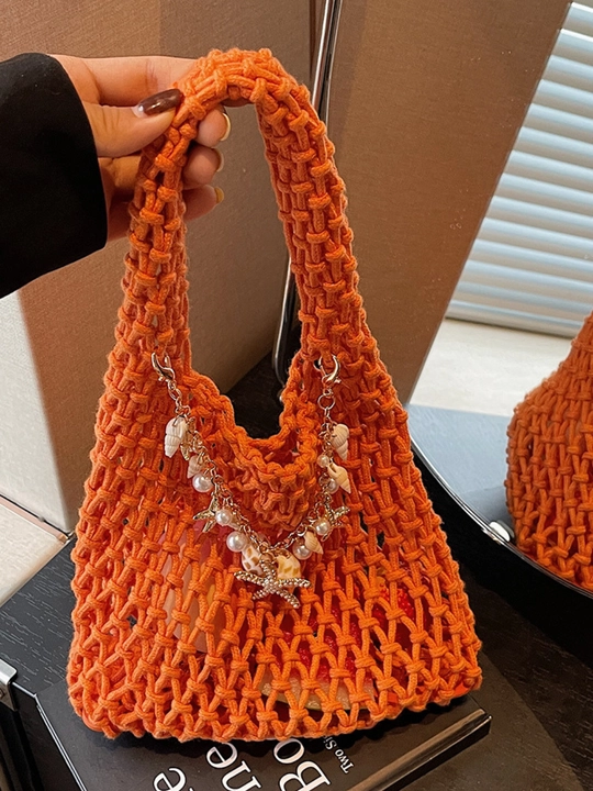 Ayollar to'qima plyaj sumkasi, makrame va setka shopper