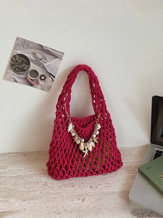 Ayollar to'qima plyaj sumkasi, makrame va setka shopper - 