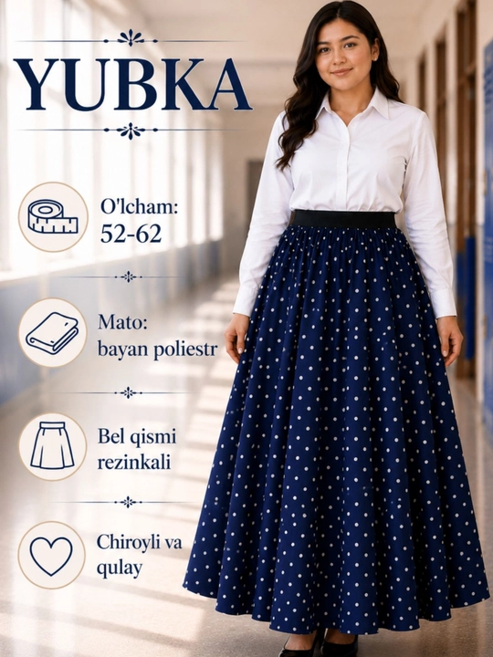 Yubka maktab uchun uzun 52-62 o'lcham bayan poliestr beli rezinkali to'q ko'k - 