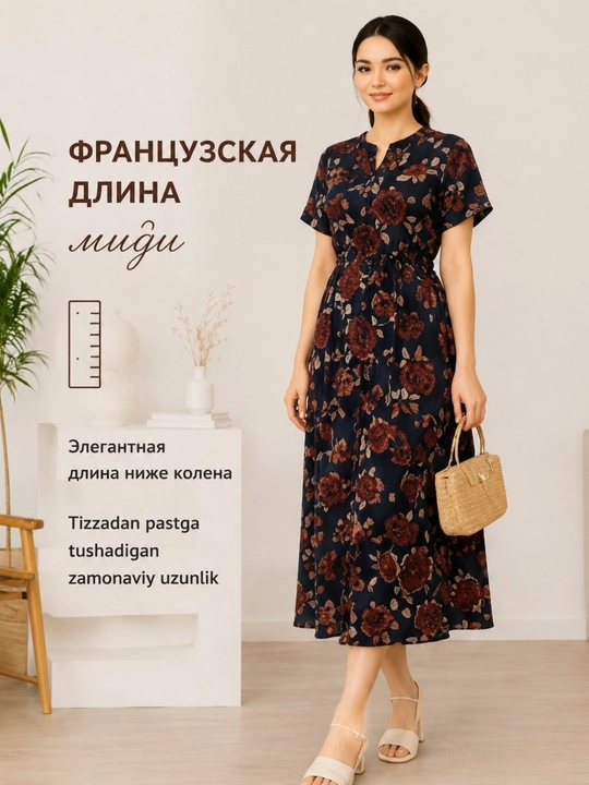 Ayollar ko'ylagi, marlyovka, yozgi gulli ko'ylak, fransuz uzunlik, standart 44–52