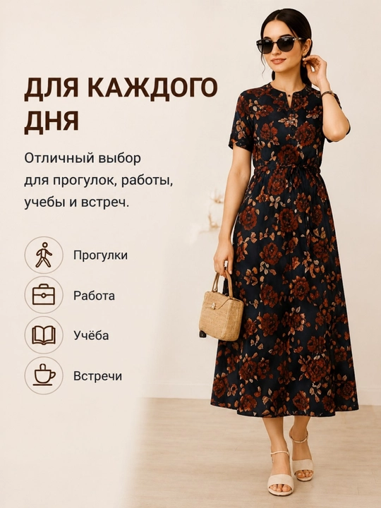 Ayollar ko'ylagi, marlyovka, yozgi gulli ko'ylak, fransuz uzunlik, standart 44–52