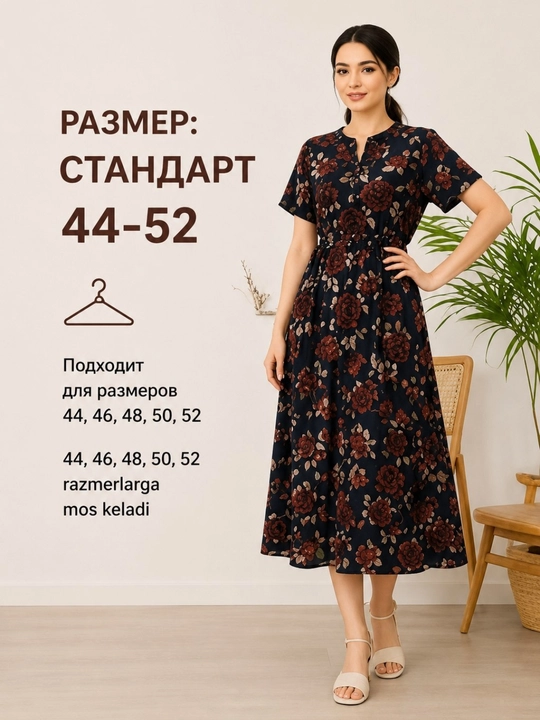 Ayollar ko'ylagi, marlyovka, yozgi gulli ko'ylak, fransuz uzunlik, standart 44–52