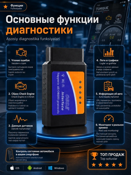 ELM 327 Wi-Fi v1.5 avtoskaneri, PIC18F25K80 chipli OBD2, iPhone/iOS, Android, Windows