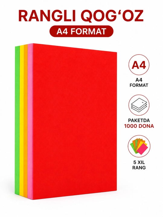 Rangli qog'oz, A4, ofis, maktab, bog'cha uchun, paketda 100 dona