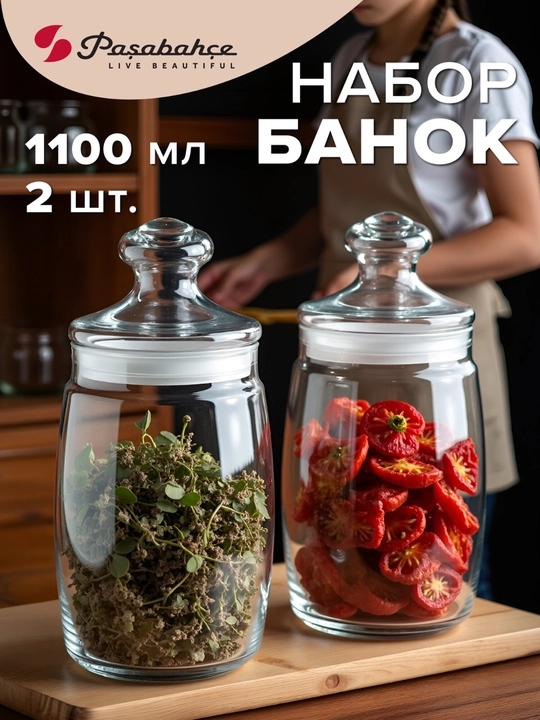 Набор банок стеклянных для сыпучих Pasabahce Чешни 1100 мл — 2 штуки - 