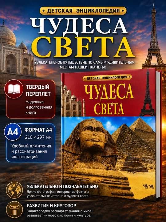 Энциклопедия Чудеса света, детская энциклопедия, твердый переплет, формат А4 - 