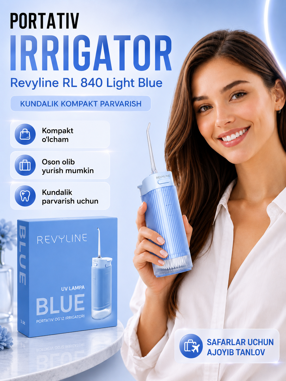 Tish irrigatori Revyline RL 840, 4 rejim, UV sterilizatsiya, 200 ml, 2 nasadka - 