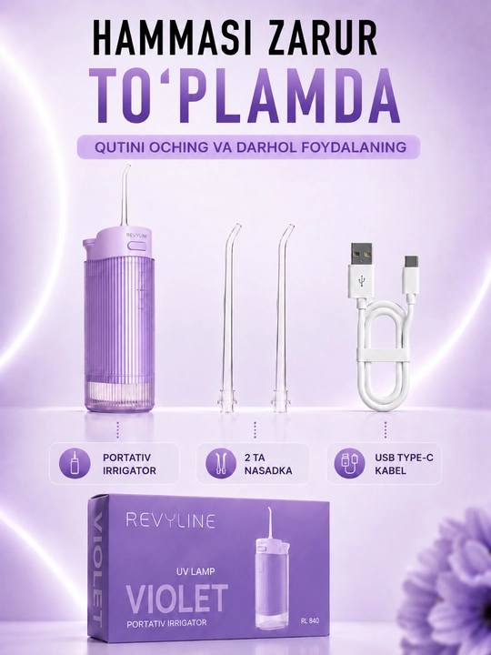 Tish irrigatori Revyline RL 840, 4 rejim, UV sterilizatsiya, 200 ml, 2 nasadka