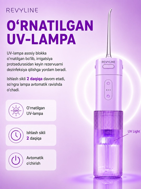 Tish irrigatori Revyline RL 840, 4 rejim, UV sterilizatsiya, 200 ml, 2 nasadka