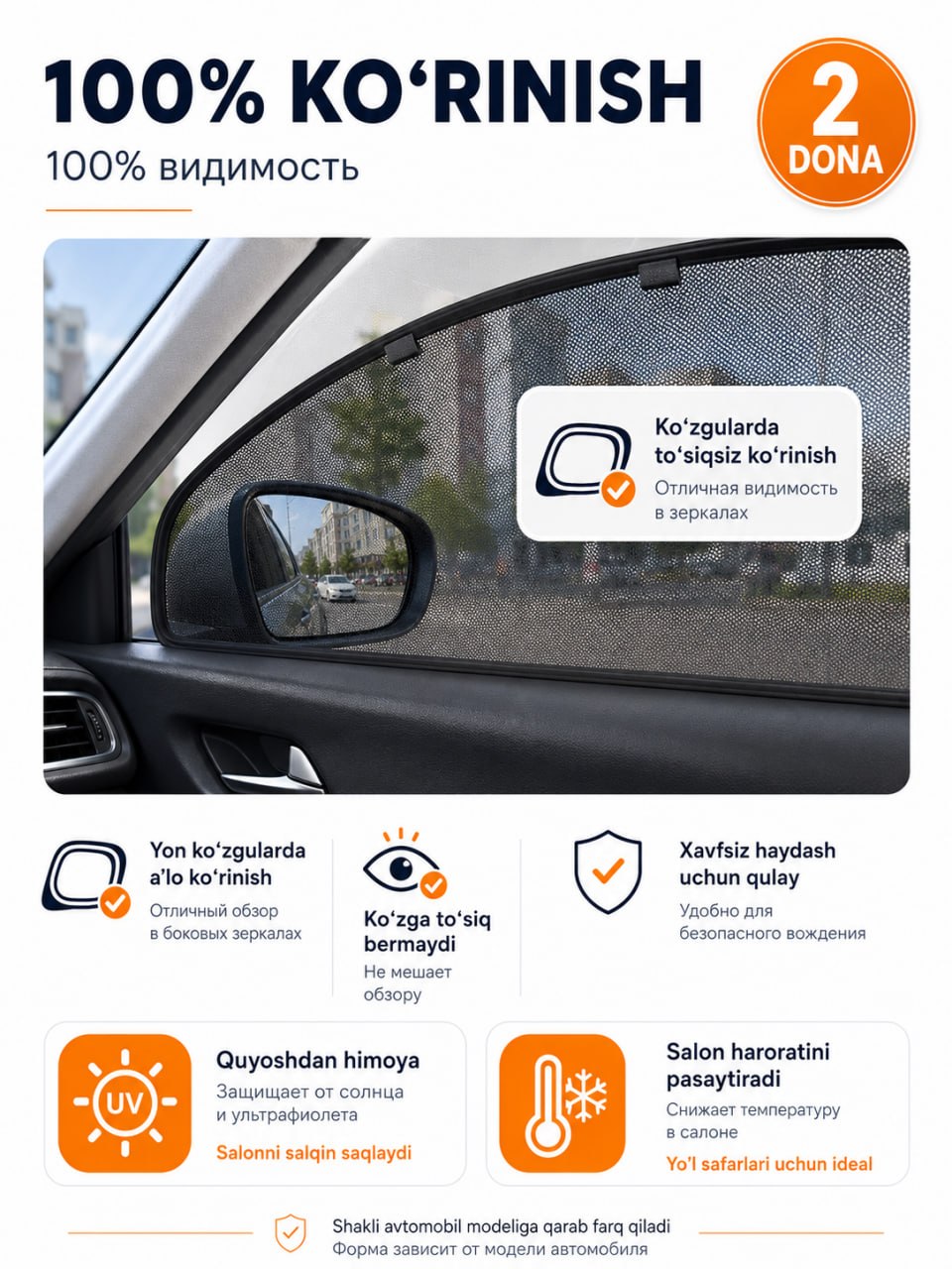Шторы на переднее боковое окно, 2 шт, эффект тонировки 50%