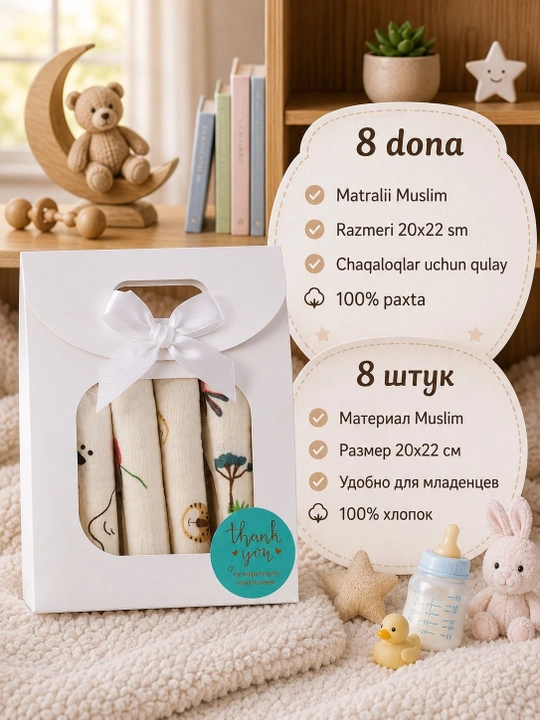 Yangi tug‘ilgan chaqaloqlar uchun bolalar salfetkalari - 8 dona, 100% paxtadan tayyorlangan yumshoq salfetkalar to‘plami