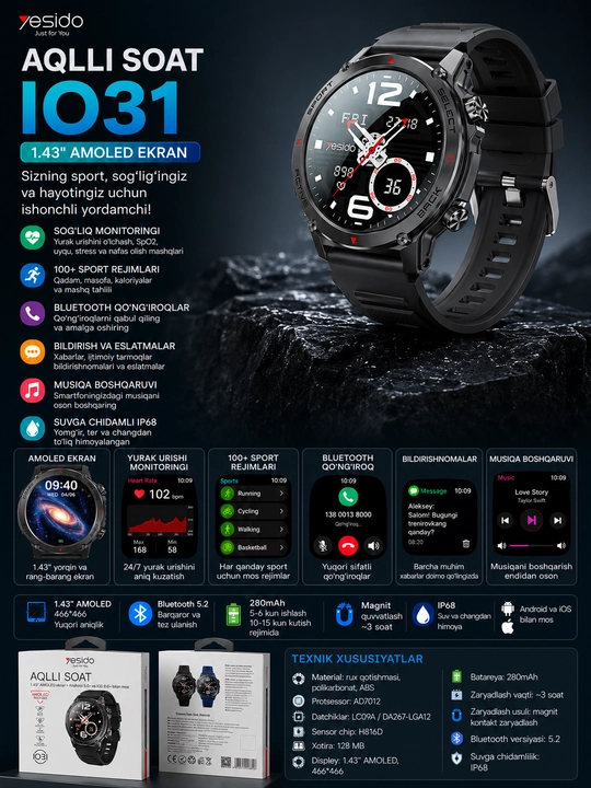 Yesido IO31 aqlli soati AMOLED ekranli smart watch, smartwatch va smart soatlar