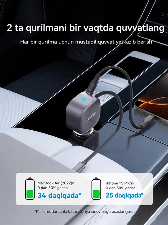 Anker Nano Car Charger 75W avtomobil zaryadlovchi, tortib chiqiladigan USB-C kabel