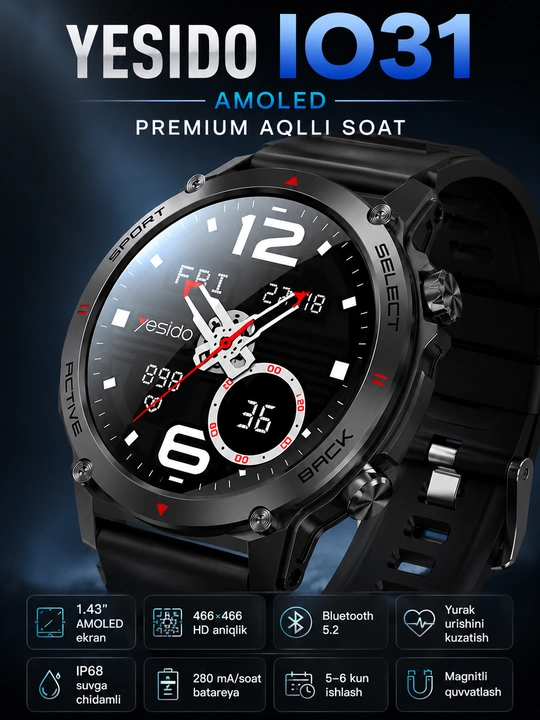 Yesido IO31 aqlli soati AMOLED ekranli smart watch, smartwatch va smart soatlar