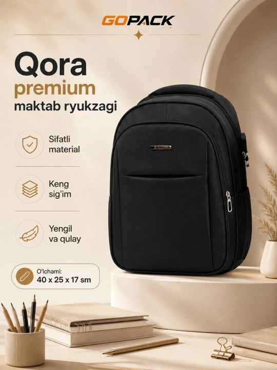 Qora premium maktab ryukzagi, GOPACK, mustahkam va yengil model kundalik foydalanish uchun