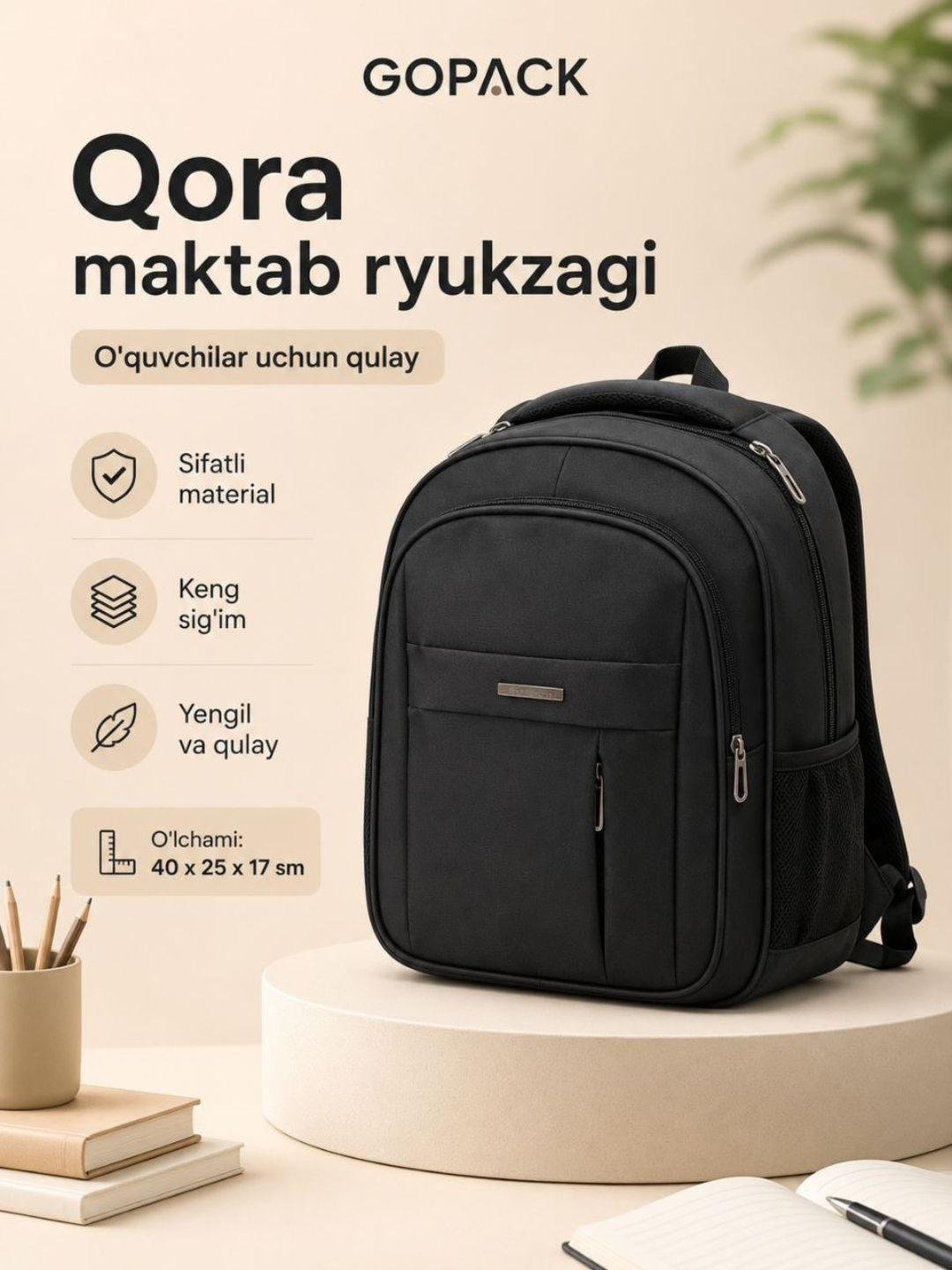 Qora premium maktab ryukzagi, GOPACK, mustahkam va yengil model kundalik foydalanish uchun