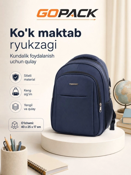 Qora premium maktab ryukzagi, GOPACK, mustahkam va yengil model kundalik foydalanish uchun