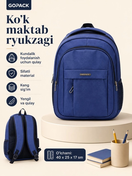 Qora premium maktab ryukzagi, GOPACK, mustahkam va yengil model kundalik foydalanish uchun