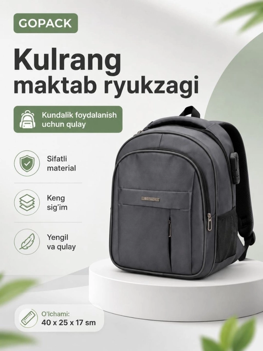Qora premium maktab ryukzagi, GOPACK, mustahkam va yengil model kundalik foydalanish uchun