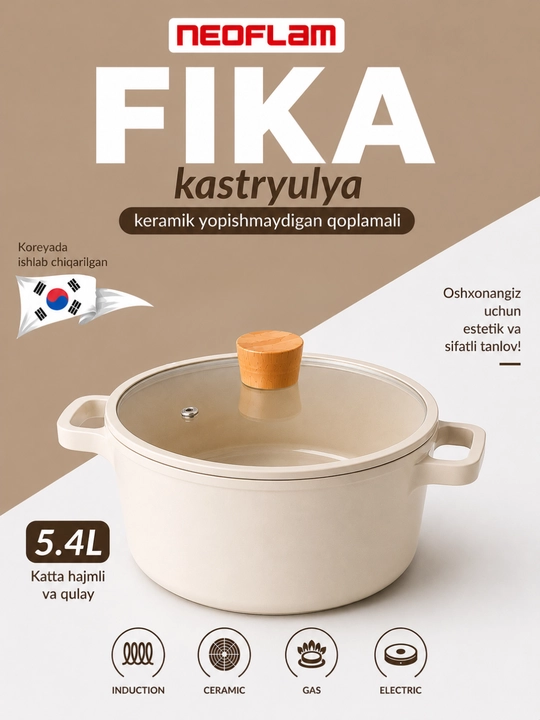 NEOFLAM FIKA qozon 5.4 l 26 sm, shisha qopqoqli, quyma alyuminiy, induksion - 