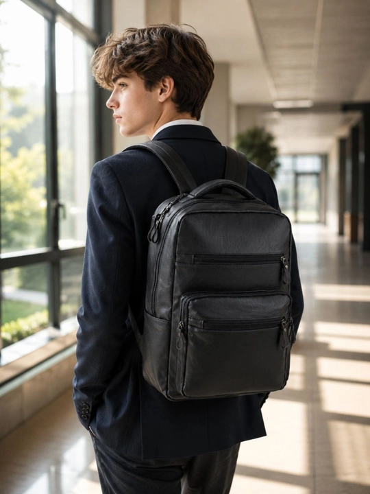 Maktab va universitet uchun qora premium ryukzak, GoPack zamonaviy mustahkam charm sumka