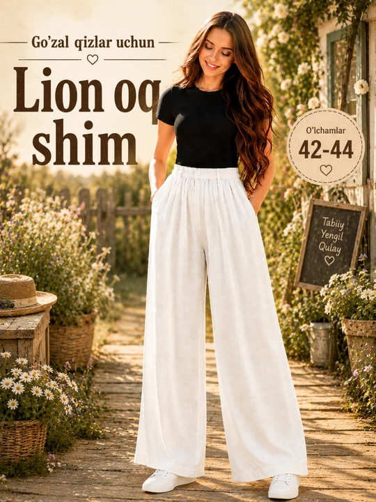 Ayollar shimi, oq shim, ayollar uchun shim, keng shim, klasik uslubdagi shim